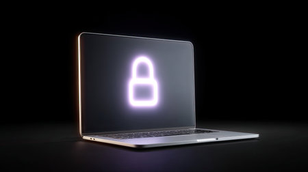 A sleek modern laptop displays a glowing lock symbol, emphasizing themes of digital security, data protection, and privacy in technology and online environments.の素材
