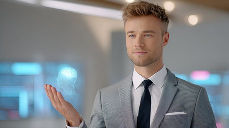 A confident young businessman showcases a futuristic holographic brain in a sleek office, representing innovation and the potential of advanced technology for businesses.の素材
