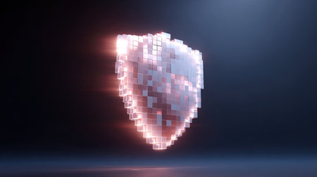 Vibrant pixelated shield design that embodies modern digital security and protection concepts. This abstract illustration highlights innovation in technology and safety.の素材