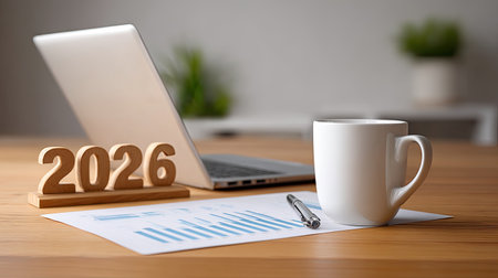 A serene business workspace featuring a laptop, a coffee cup, and a wooden number representing the year 2026. The setup promotes productivity and planning with style.の素材