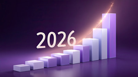 A vibrant and modern illustration of a rising bar graph representing business growth aimed at the year 2026, perfect for financial and strategic success representations.の素材