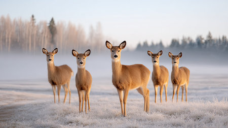 A captivating scene featuring five elegant deer in a frost-laden field during a tranquil winter morning, with soft light illuminating the mist and peaceful surroundings.の素材