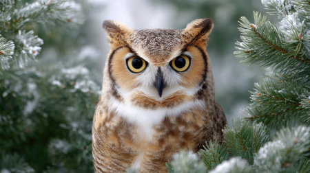 An enchanting close-up of a majestic owl nestled among frosted evergreen branches, surrounded by a serene winter scene, emphasizing its captivating eyes and detailed feathers.の素材
