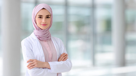 A confident young woman in a hijab poses in a bright healthcare facility. She wears a medical coat, symbolizing professionalism and dedication in a modern environment.の素材