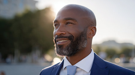 A confident man with a beard is smiling warmly while dressed in a formal suit. The photo captures a serene moment during golden hour, highlighting his joyful expression.の素材