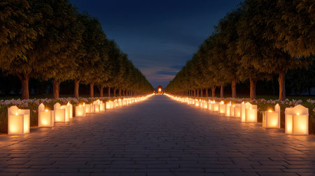 A tranquil pathway lined with glowing lanterns creates a warm ambiance under a twilight sky, surrounded by lush trees and beautiful flowers, inviting peace and reflection.の素材