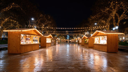 A picturesque scene showing charming wooden market stalls illuminated with bright lights, creating a cozy atmosphere in a winter outdoor setting.の素材