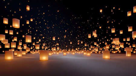 A stunning view of a night sky decorated with countless glowing lanterns gently floating, creating a serene and enchanting atmosphere ideal for celebrations and reflections.の素材