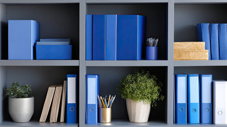 This image showcases a well-organized shelf featuring blue stationery and lush green plants, perfect for enhancing any office or home workspace with a stylish touch.の素材