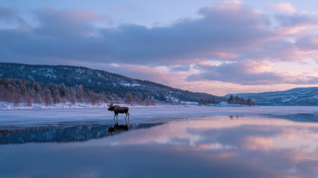 A tranquil winter scene featuring a solitary moose standing on a frozen lake, surrounded by a stunning snow-covered landscape at dusk, reflecting serene colors.の素材