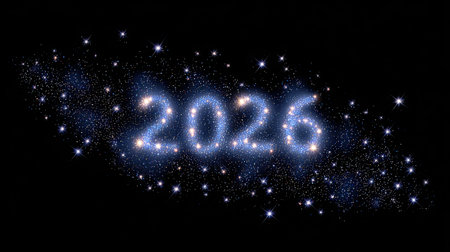 A mesmerizing depiction of a starry sky showcasing the glowing numbers "2026," symbolizing hope and new beginnings in a vast cosmic landscape.の素材