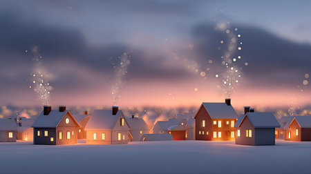 A serene winter village scene featuring snow-covered houses with warm glowing windows and smoke gently rising from chimneys, set against a beautiful dawn sky.の素材