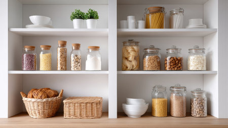 A beautifully organized kitchen pantry showcasing glass jars filled with various dried foods, decorative greenery, and stylish storage solutions for optimal convenience.の素材