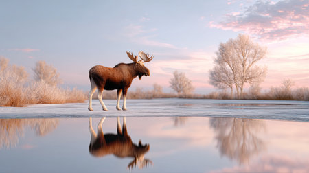 A stunning winter scene featuring a solitary moose standing by an icy body of water, reflecting the colors of dawn amidst frosty trees in a peaceful landscape.の素材