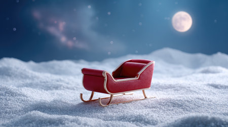 A charming miniature red sleigh rests on a blanket of snow under a bright moonlit sky, surrounded by stars and clouds, perfect for winter-themed creative projects.の素材