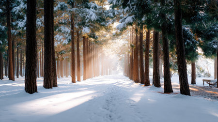 A stunning snowy forest pathway lit by gentle sunlight streaming through tall, snow-covered trees. This serene winter scene invites peaceful exploration and reflection.の素材