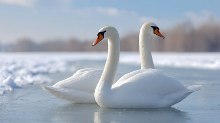 Two elegant swans swim gracefully on icy waters, showcasing their beauty against a backdrop of a clear blue sky and serene winter landscape. Perfect for nature imagery.の素材