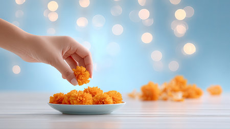 A close-up of a hand gracefully selecting bright orange flowers from a blue plate, with a serene blurred backdrop of soft bokeh lights, evoking a warm atmosphere.の素材