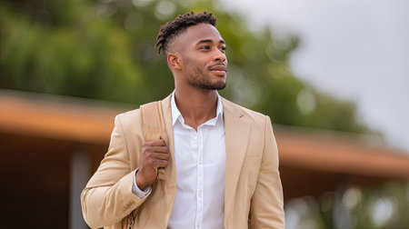 A young man embodies confidence as he strolls outdoors, showcasing stylish attire and a serene demeanor, perfect for themes of self-assurance and modern lifestyle.の素材