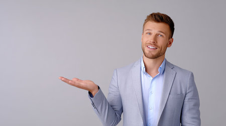 Confident young businessman in a light gray suit presents an inviting gesture with a smile. Ideal for conveying approachability and professionalism in marketing materials.の素材