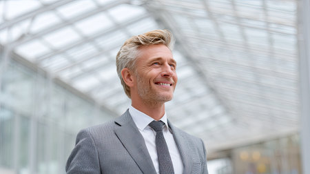 A professional businessman stands confidently indoors, smiling with natural light illuminating the modern architectural space, conveying a sense of success and positivity.の素材