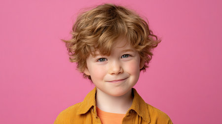 A charming young child with curly hair smiles brightly against a vivid pink backdrop. This image captures the essence of childhood joy and innocence, ideal for family themes.の素材