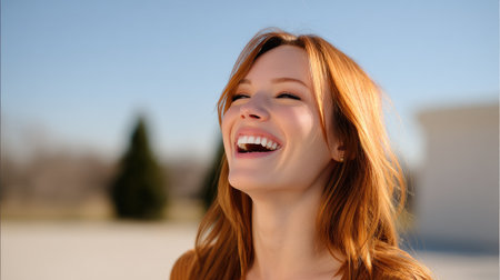 A bright young woman laughing joyfully under a clear blue sky. The image captures her warmth and happiness in an outdoor setting filled with vibrant light.の素材