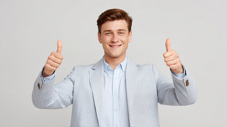 A young man dressed in a stylish formal suit offers a thumbs-up gesture, showcasing a warm smile and engaging expression against a neutral gray background.の素材