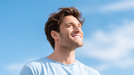 A young man stands outside under a bright blue sky, exuding joy and optimism. His cheerful expression radiates happiness, embodying a carefree lifestyle.の素材