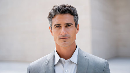 A professional man with gray hair presents a confident look in a gray suit against a minimalist background, embodying modern elegance and style. Ideal for business themes.の素材