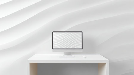A bright and modern workspace featuring a sleek desk and minimalist computer against a textured white wall with smooth wave patterns, perfect for creativity.の素材