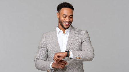 A confident businessman in a light suit checks his smartwatch while smiling against a grey background, showcasing a blend of technology and style in a professional setting.の素材