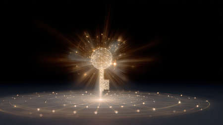 This captivating digital artwork features a geometric key concept surrounded by glowing particles, symbolizing security and innovation in a modern technological landscape.の素材