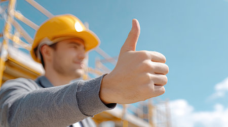 A construction worker in a hard hat gives a thumbs up gesture at a sunny building site, symbolizing success and positivity in the construction industry.の素材