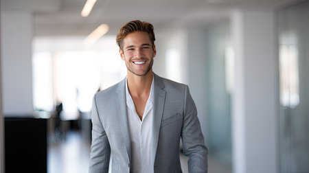 A young man in a stylish suit walks confidently through a bright office, showcasing a friendly smile that embodies professionalism and a positive work attitude.の素材