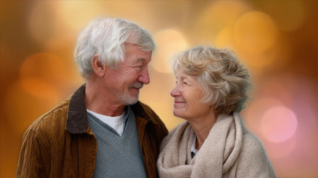 An elderly couple gazes lovingly into each other's eyes, embodying joy and companionship. Warm colors create a soft ambiance, capturing the essence of their life together.の素材