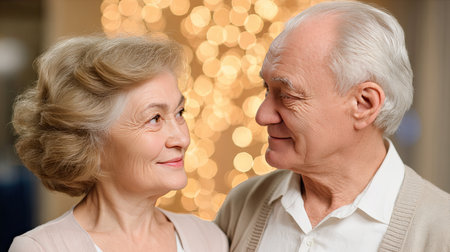 An elderly couple shares a heartfelt moment gazing into each otherの素材
