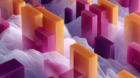 This vibrant abstract image features colorful cubes interspersed among swirling pink and purple waves, creating a dynamic and modern digital landscape perfect for artistic projects.の素材