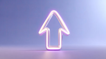 This image features a glowing neon arrow symbol that points upwards against a soft purple and blue gradient background, ideal for creative designs and modern themes.の素材