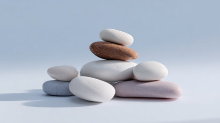 This image showcases a minimalist arrangement of smooth pebbles in soft natural tones, perfect for conveying tranquility and relaxation in various design contexts.の素材