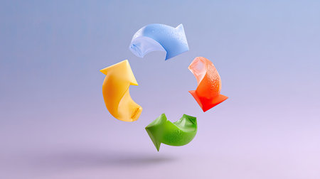 Colorful arrows represent recycling and sustainability with droplets, ideal for environmental themes. Emphasizes the importance of eco-friendly practices and awareness.の素材