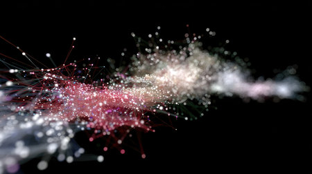 This captivating abstract image showcases a cosmic background filled with colorful particles and luminous lines, creating a mesmerizing space scene. Perfect for modern designs.の素材