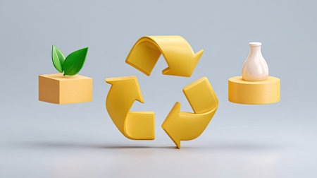 This vibrant and modern 3D illustration features a yellow recycling symbol surrounded by leaves and a container, emphasizing environmental sustainability and creativity.の素材