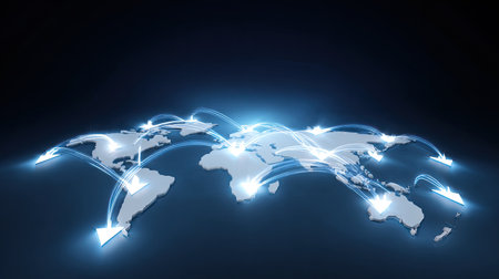 A vibrant illustration of global connectivity featuring light arrows illuminating a world map. This image symbolizes digital communication and data transmission across borders.の素材