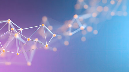 This abstract image showcases a futuristic network of connected nodes and lines, set against a stylish gradient background, perfect for technology and data themes.の素材