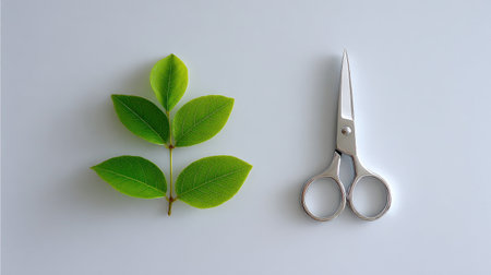 A visually appealing composition featuring vibrant green leaves alongside sharp silver scissors, perfect for projects related to gardening, nature, and creativity.の素材