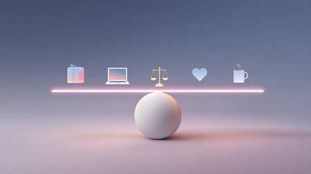 This image illustrates a balanced concept of work and life, featuring icons that symbolize technology, justice, love, and leisure, set against a minimalistic background.の素材