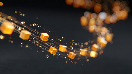 This image showcases abstract orange light trails with floating cubes, creating a mesmerizing motion effect against a dark backdrop. Ideal for visual projects.の素材