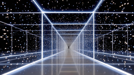 Experience a mesmerizing futuristic corridor with glowing lines and sparkling stars, inviting exploration in a captivating digital landscape. Perfect for creative projects.の素材