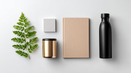 This stylish flat lay showcases a minimalist arrangement of a green leaf, designer notebook, sleek bottle, and decorative blocks, perfect for nature-inspired themes.の素材